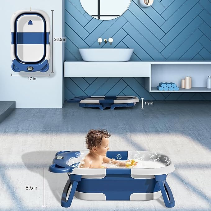 TPN Collapsible Baby Bathtub, Baby Bath Tub with Soft Cushion & Real-Time Thermometer, Baby Bathtub Infant to Toddler Tub (0-36 Months), Portable Travel Baby Tubs for Newborns (Navy Blue)