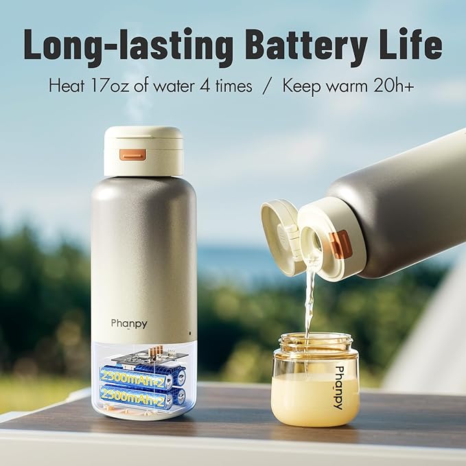 Phanpy Portable Bottle Warmer - Detachable 10000mAh Battery, 212°F Boil & Sterilization, 3 Min Fast Heating, 100W, 17 OZ Large Capacity, Designed for Travel Bottle Warmer On The Go