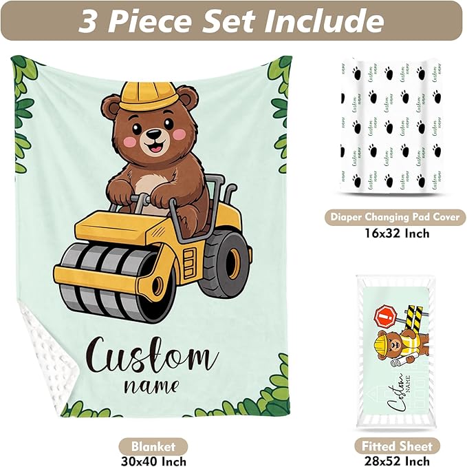 Personalized Baby Crib Bedding Set, Custom Name Bear Road Roller Theme Nursery Bedding Set 3 Pcs, Baby Blanket Fitted Crib Sheet Changing Pad Cover, Personalized Nursery Decor Gift for Newborns Boys