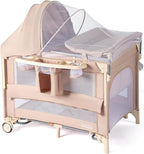 JOYMOR 9 in 1 Bedside Bassinet with Changing Table, Pack and Play with Bassinet, Convert to Rocking Baby Bed with Electric Music Center, Mosquito Net, Storage, Beige