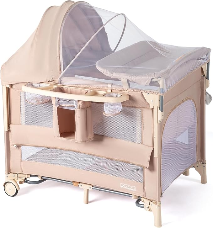 JOYMOR 9 in 1 Bedside Bassinet with Changing Table, Pack and Play with Bassinet, Convert to Rocking Baby Bed with Electric Music Center, Mosquito Net, Storage, Beige