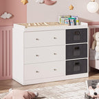 White Nursery Dresser with Changing Top, Baby Diaper Changing Station with 3 Fabric Drawer, Safety Rail & Nursery Organizer, Modern Dressers for Bedroom (47.2" W x 18.9" D x 36.1" H)