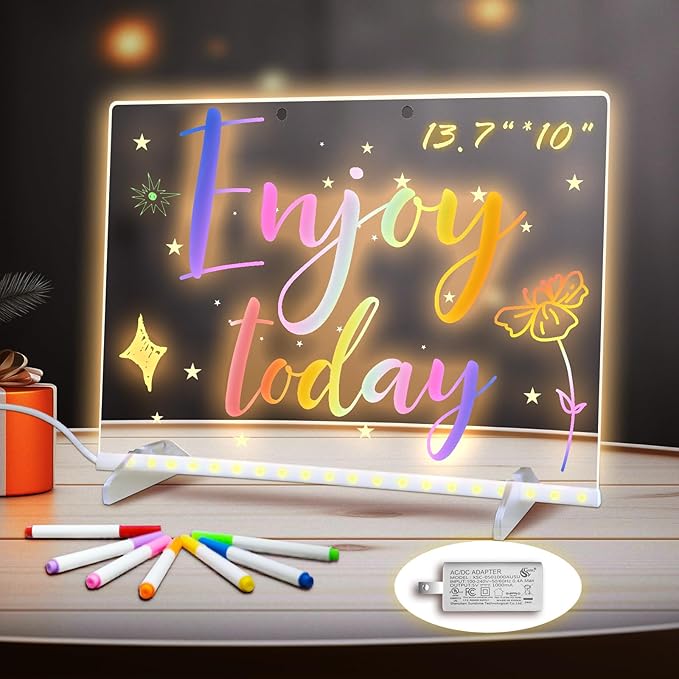 LED Note Board with Colors, 13.7"X10" 4 Modes &7 Colors Acrylic Dry Erase Boards with Light, Include Adapter, Hanging Chain, Led Drawing Board for Kids with Stand,7 Markers, Spray Bottle