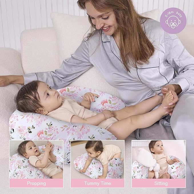 Little Grape Land Nursing Pillow,Upgraded Breast Feeding Pillow for Mom,Breastfeeding & Bottle Feeding for 0–12 Months, Soft Machine Washable Cover with firm breathable filling, Tummy Time,Rose Floral