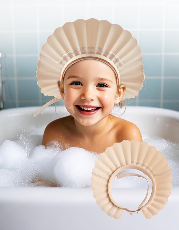 Kids Shower Cap, Baby Hair Washing Shield, Bath Eye Ear Head protector, Bathing Visor for Toddlers, Air Cushioned Shampoo Caps with 22-Size Adjustment for 6Month+ to Adult (White)