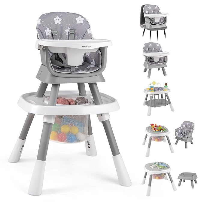 BABY JOY 16 in 1 High Chair, Convertible Baby Highchair for Babies and Toddlers with Activity Center, Booster Seat, Building Block Table, Toddler Chair with Safety Harness, Removable Tray (Gray)