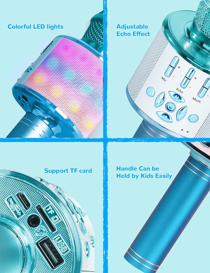 Amazmic Kids Karaoke Microphone Machine Toys for Girls Bluetooth Microphone with LED Light, Birthday Gift for Girls Boys 3 4 5 6 7 8 9 10 11 12 Year Old Kids Toys(Blue)