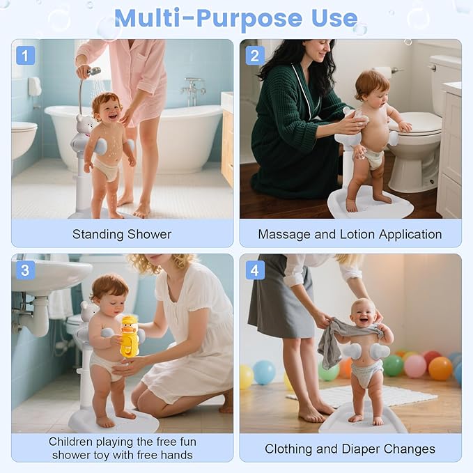 Adjustable Baby Shower Stand with Bear Design, Portable Bath Support with Non-Slip Base, Bathing Toy with Baby Bathing Station (Grey)