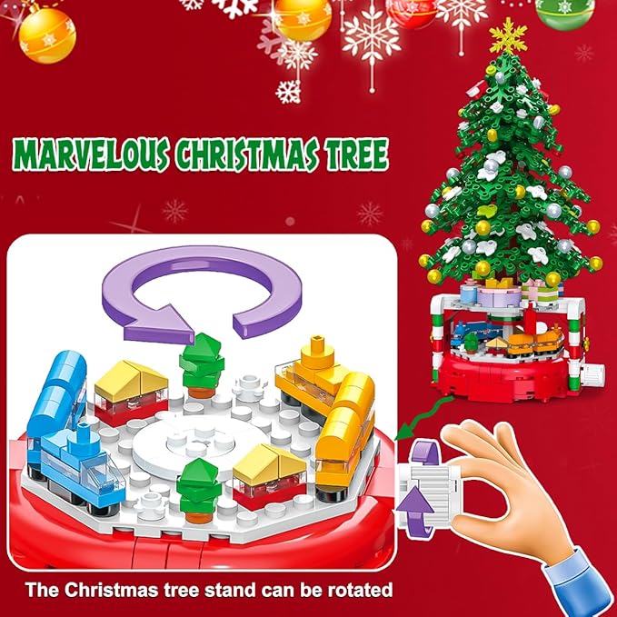 Christmas Tree Building Block Set, 515 Pieces, Rotating Base with Ornaments and Star, Holiday Building Toy, Stocking Stuffers for Kids, Gifts for Boys & Girls