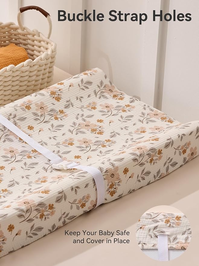 TILLYOU Muslin Changing Pad Cover for Baby Girls Boys, Soft and Breathable Cotton Diaper Changing Table Cover, 2 Pack(Yellow Flower)