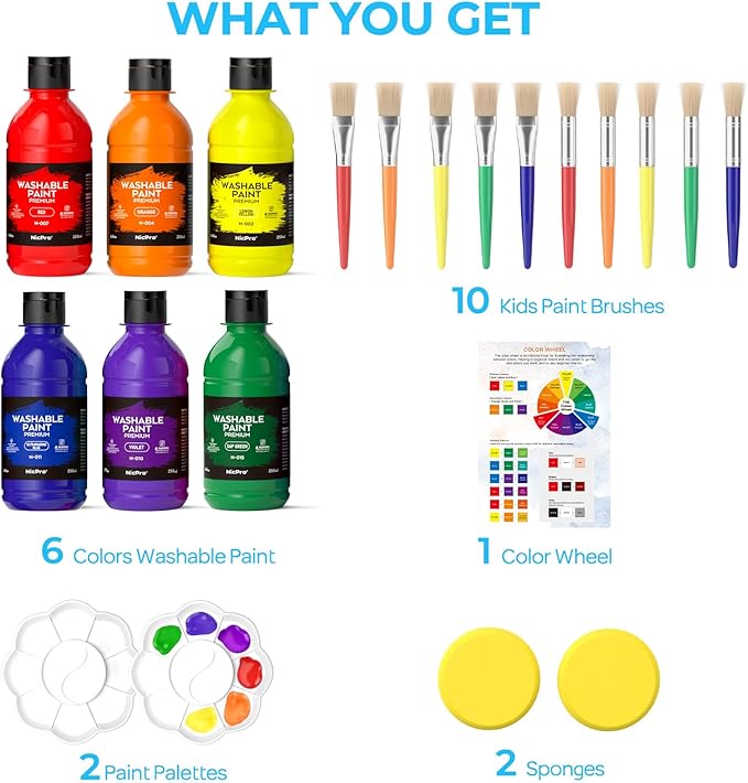 Nicpro Washable Paint for Kids, Kids Painting Set with 10 Paintbrushes, Palettes, Sponge, 6 Vibrant Colors 8.45oz, Non Toxic Washable Finger Paint for Toddlers Preschool Children Art Painting Supplies