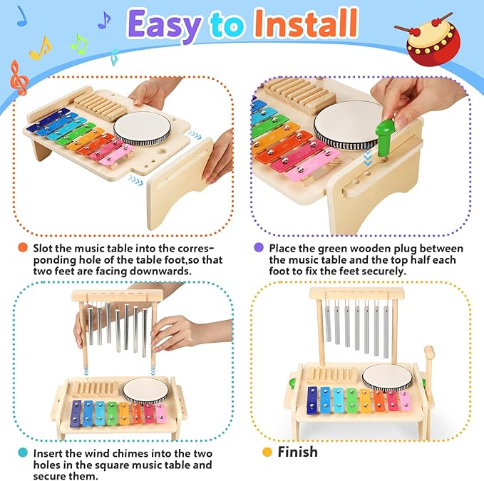 Kids Drum Set,Baby Musical Instrument for Toddler,Wooden Xylophone for Toddlers with Baby Drum Set and Wind Chime,Montessori Musical Instruments Toys for Kids,Musical Toys for Toddlers Birthday Gift