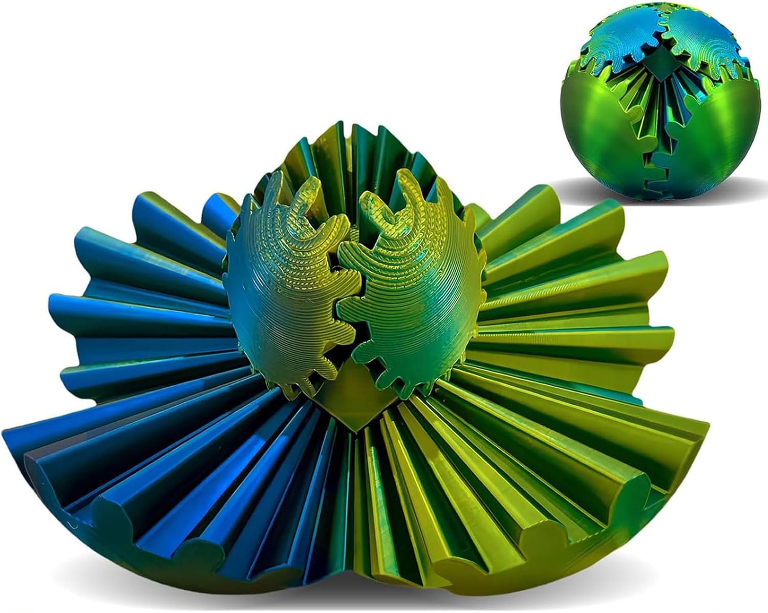 Gear Ball, Gear Sphere 3D Printed Gear Ball Fidget Toy Spin Ball, GearSphere Desk Toy, Stress Ball, Fidget Ball, Gear Toy for Stress and Anxiety Relaxing (Laser Yellow Blue)