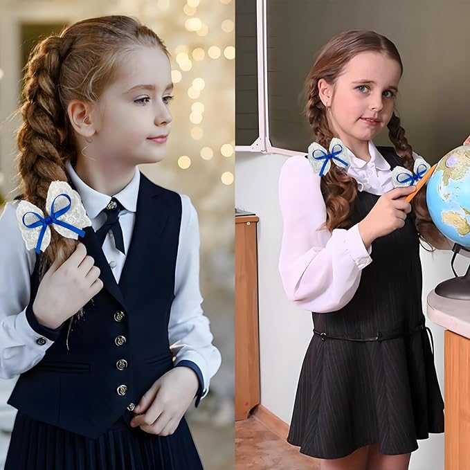 2pcs Blue Hair Bows for Girls, White Lace Bow with Blue Ribbon, Alligator Bow Hair Clips, Handmade Hair Accessories for little Girls