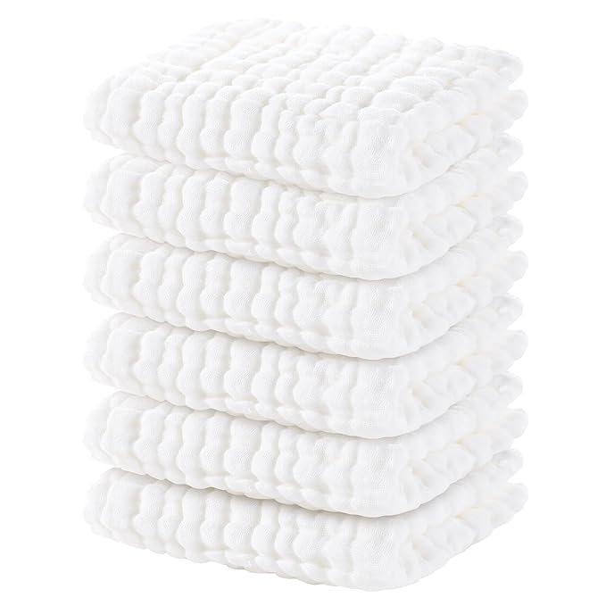 Yoofoss Muslin Baby Washcloths 100% Cotton Face Towels 6 Pack Wash Cloths for Baby 12x12in Soft and Absorbent Baby Wipes (White)