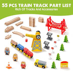 Tiny Land 55PCS Wooden Train Set - Compatible with Major Brand Tracks, Educational Toy for Toddlers & Kids Ages 3-7, Durable Wooden Railway Tracks