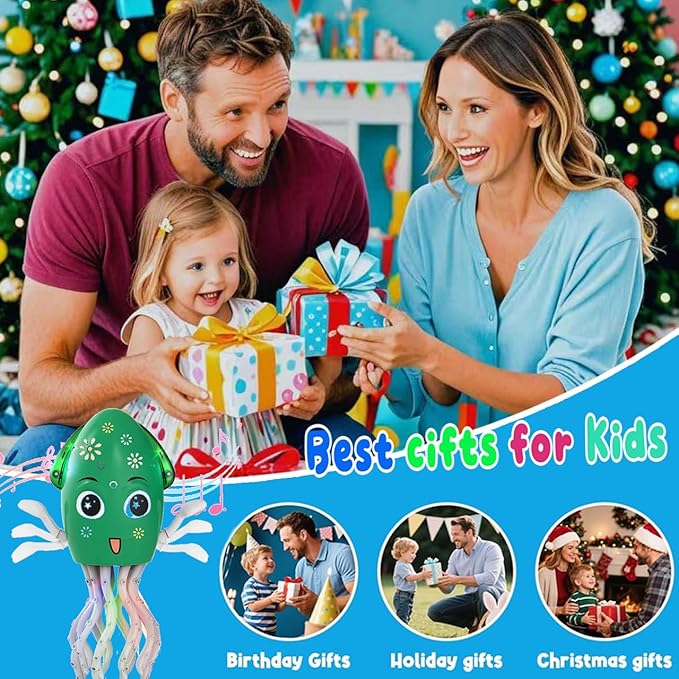 Dancing Octopus Toy Electric Crawling Baby Toy with Lights & Music Tummy Time Octopus Toy | DIY Expressions, Obstacle Avoidance | for Boys and Girls Party Gift Birthday, Christmas (Green)