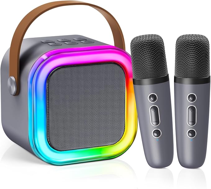 【2025 Newest】 Mini Karaoke Machine for Kids Girls & Boys - Portable Bluetooth Speaker with 2 Wireless Microphones - Kids Birthday Gifts for Ages 4-10 - Kids' Instrument Accessories - Space Gray