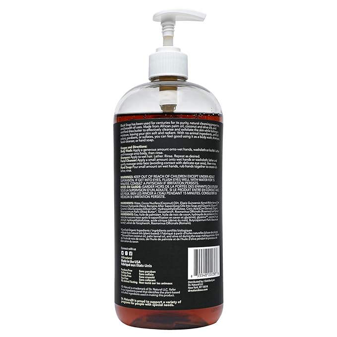 Dr. Natural Multi-Purpose Black Liquid Soap - Natural West African Body Wash - Gentle Hand Soap and Body Soap - Deep Moisturizer, Fights Acne - 32 oz