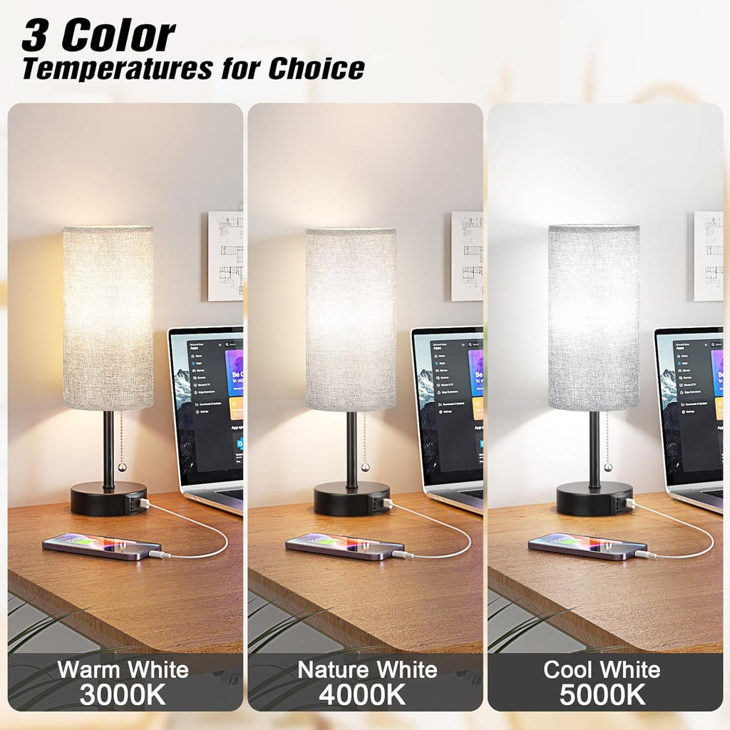 Grey Bedside Lamps for Bedroom Set of 2 - Nightstand Table Lamp with USB A + C Charging Port, 3 Color Temperatures Pull Chain Night Stand Light, Side Table Desk Reading Lamp for Living Room/Dorm Room