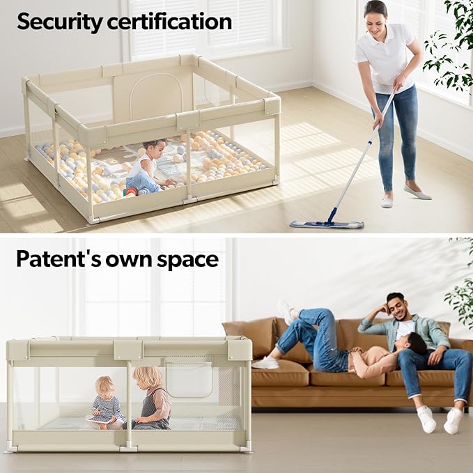 Fodoss Baby Playpen with Mat, Small Baby Play Pen(47x47inch), Playpen for Babies and Toddler (47×47inch Beige with mat)