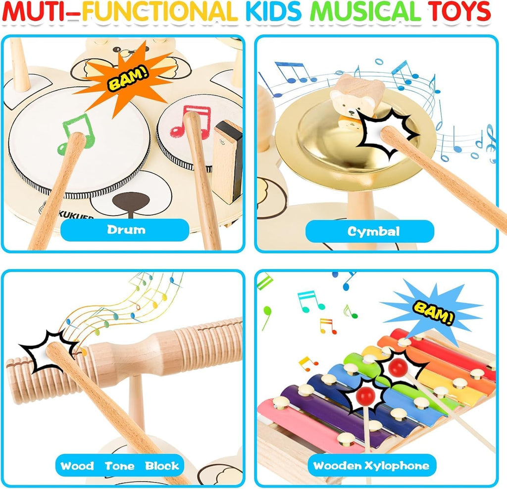 9 in 1 Kids Drum Set YOMESTE Toddlers Birthday Gift Wooden Xylophone Musical Instruments Kit,Montessori Musical Instruments Toys for Kids,Happy Gift ^_^ (Wooden Xylophone Drum Set)