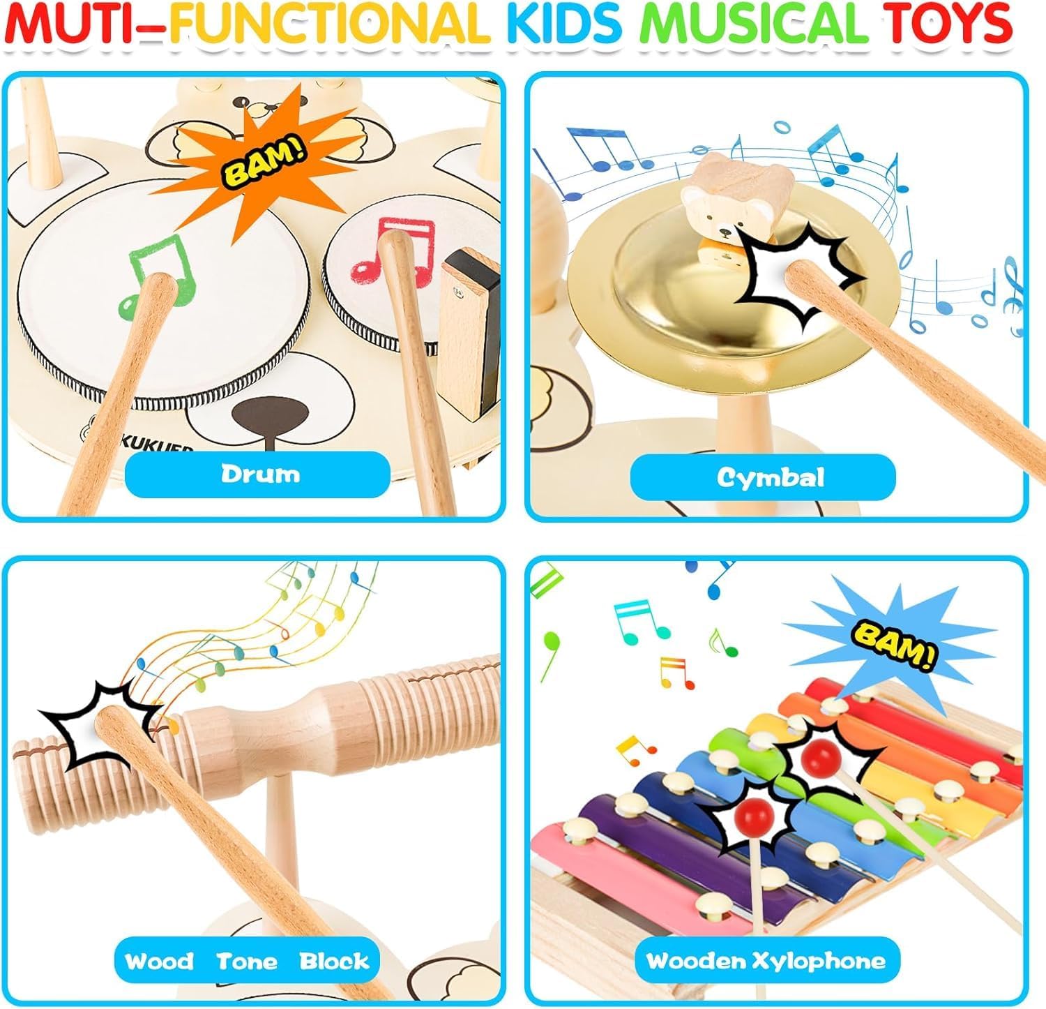 9 in 1 Kids Drum Set YOMESTE Toddlers Birthday Gift Wooden Xylophone Musical Instruments Kit,Montessori Musical Instruments Toys for Kids,Happy Gift ^_^ (Wooden Xylophone Drum Set)