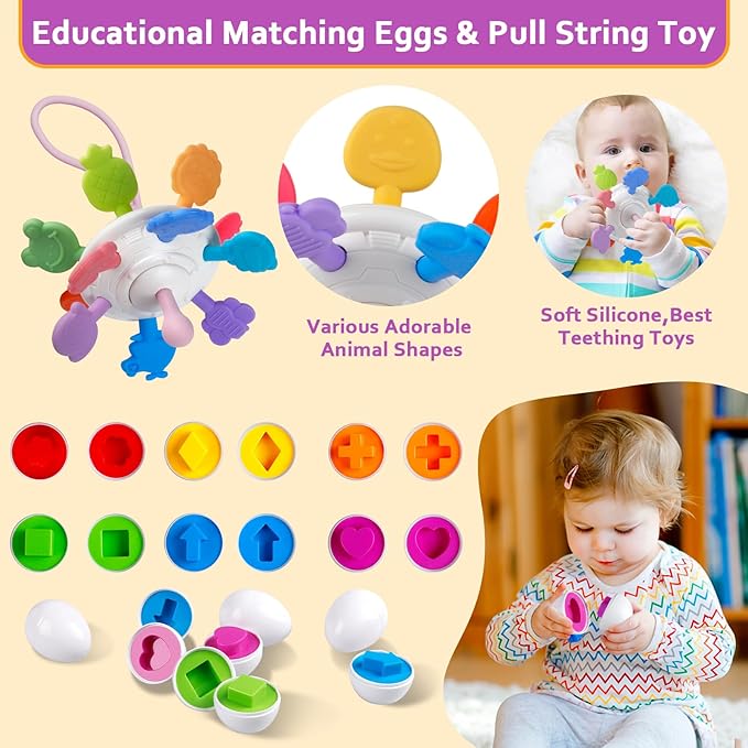 Baby Toys for 6 to 12 Months, Montessori Sensory Bins & Teething Toys, 6 in 1 Stacking Blocks, Rings, Eggs, Spinner, Crab Shape, 27 Pieces, Ages 6-36 Months