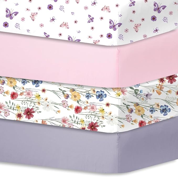 Bimocosy Crib Sheets for Girls, Fitted Crib Sheet 4 Pack for Standard Crib and Toddler Mattresses, Super Soft Breathable Microfiber Baby Sheet 28x52x8in, Butterfly/Floral/Pink/Purple
