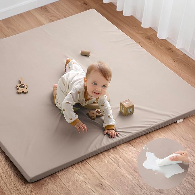 Blissful Diary Vegan Leather Baby Play Mat, 50x50 Thicken Foam Cushioned & Waterproof Playpen Mat for Infants and Toddlers, Stylish and Just Wipe-Clean Playmat for Baby Play on Floor, Taupe