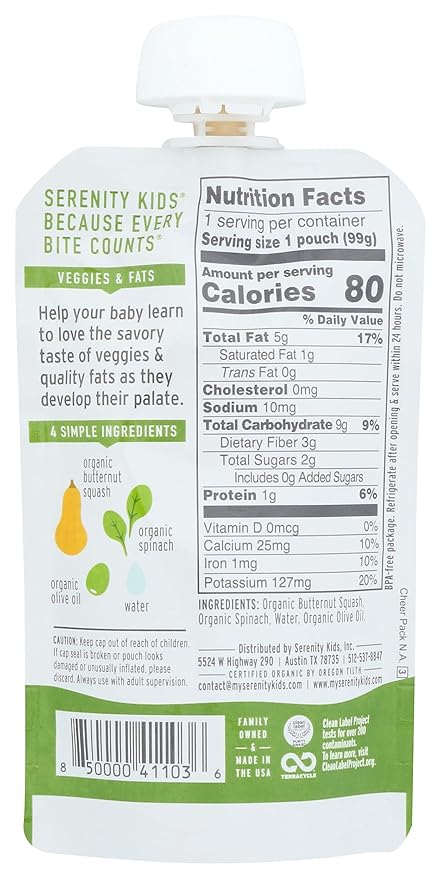 Serenity Kids 6+ Months USDA Organic Veggie Puree Baby Food Pouches | No Sugary Fruits or Added Sugar | Allergen Free | 3.5 Ounce BPA-Free Pouch | Butternut Squash & Spinach | 1 Count