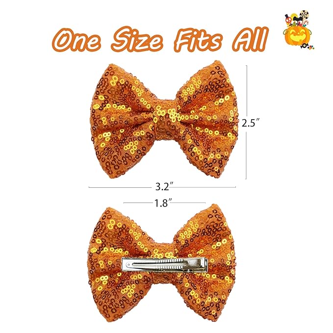 Halloween Hair Bows Clips Orange Sequin Hair Bows for Girls Halloween Alligator Clips Yellow Sparkly Glitter Cheer Barrettes Clips Hair Accessories for Little Teen Toddler Girls Kids Gifts