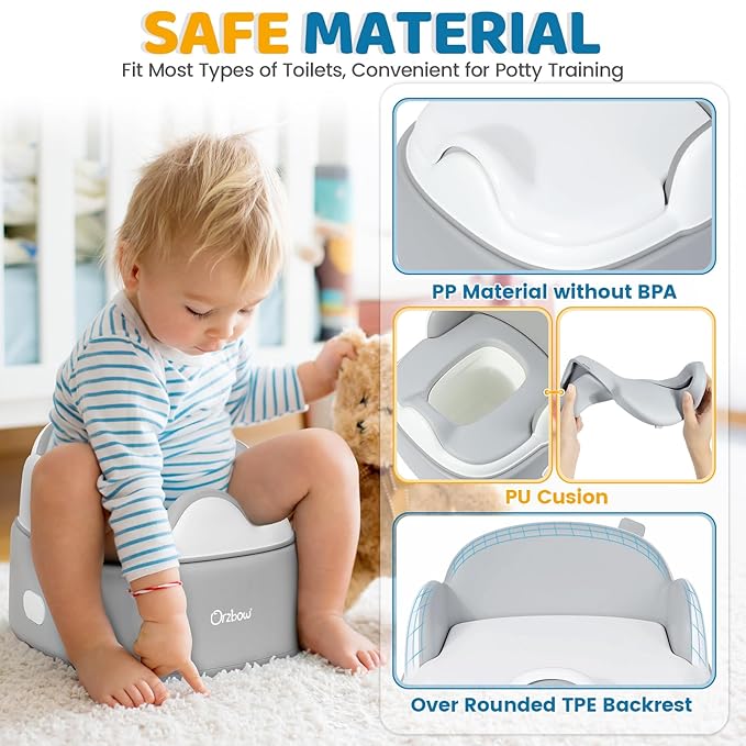 Orzbow 3-in-1 Potty Training Toilet, Detachable Baby Potty, As Toddler Toilet Seat, Chair, Step Stool for Boys & Girls 18+ Months, Potty Training Seat with Splash Guard, Lid, Easy Clean, Gray