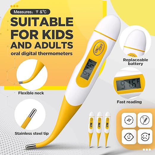 TrelaCo 20 Pcs Thermometer for Adults Digital Oral Thermometer for Fever Basal Body Fast Reading Flexible Tip for Underarm Rectal Mouth Temperature Measurement(Yellow)