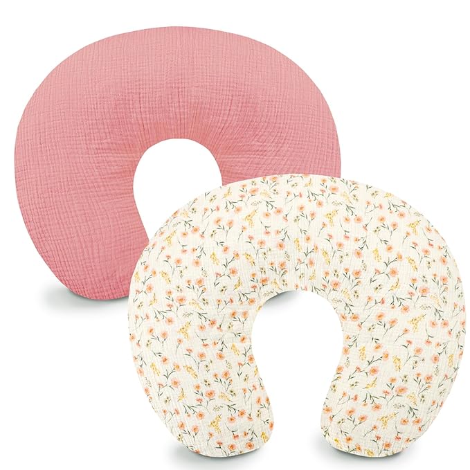 Hooyax Muslin Nursing Pillow Covers 2 Pack, Soft and Breathable Nursing Covers for Breastfeeding Pillows, Adorable Infant Feeding Pillow slipcover for Baby Boy and Girls (Pink Floral)