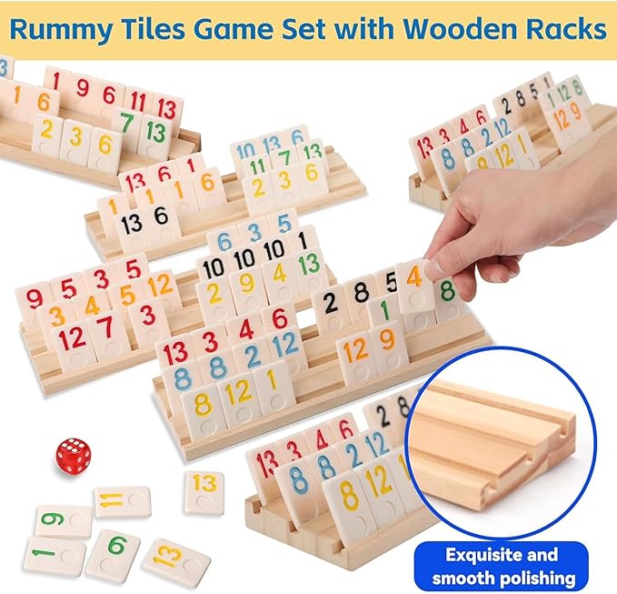 Deluxe Rummy Cube Game Set 6-8 Players with 8 Wooden Racks and 240 Melamine Rummy Tiles, Travel Family Board Game for Adults and Kids