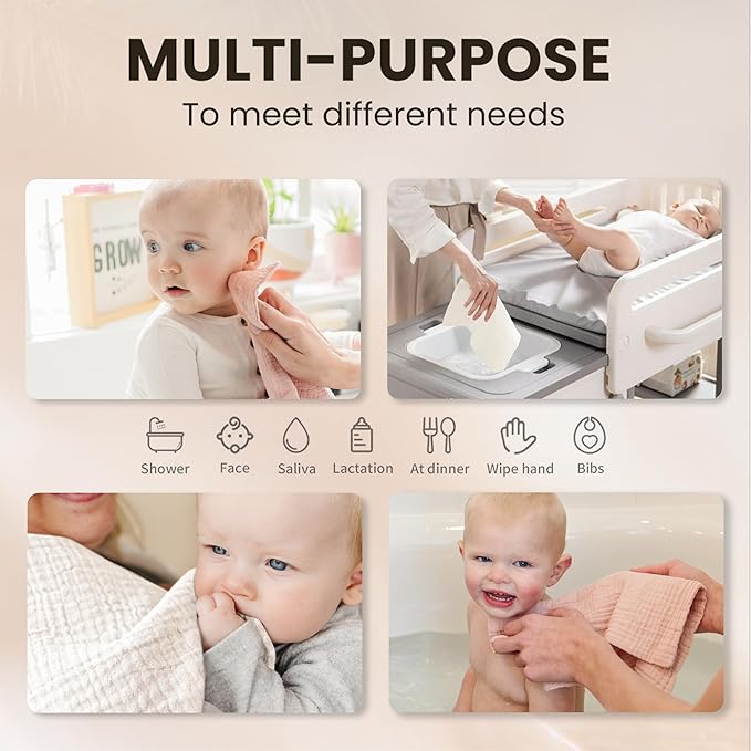 Konssy 10-Pack Muslin Baby Washcloths,100% Cotton Baby Wash Cloths for Newborn Kids Girls & Boys, Soft & Absorbent Washcloths