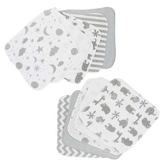 Spasilk Washcloth Wipes Set for Newborn Boys and Girls, Soft Terry Washcloth Set, Pack of 10, Gray Celestial