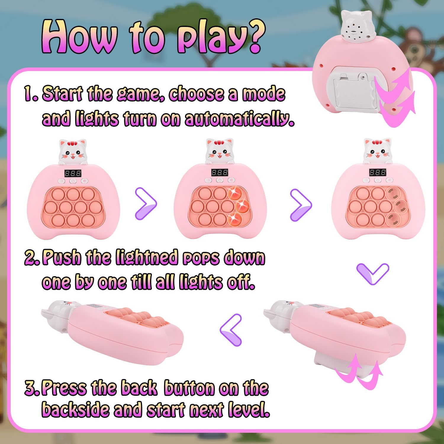 Quick Push Console Game, Pop Game Light up Fidget Toy, Handheld Puzzle Game Fast Push Bubble Game with Game Clearance Screen for Kids Teens Adults (Kitty)