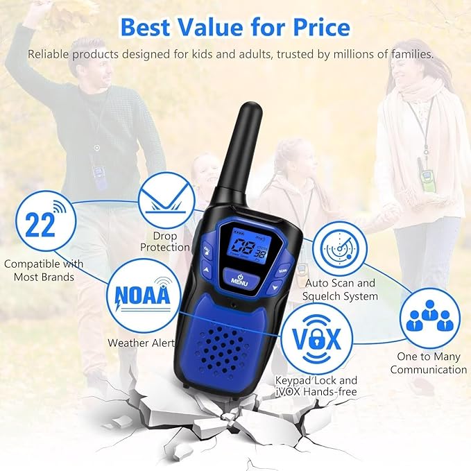 Walkie-Talkies for Kids Rechargeable Walkie Talkie for Adults Long Range FRS 2 Way Radio 3 Pack with Lanyard Battery 4 Miles NOAA USB, Family Toys for 3-12 Year Old Girls Boys Toddlers Camping