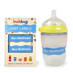 InchBug Orbit Labels Baby Bottle and Water Bottle Silicone Name Bands – Personalized Reusable Label Set for Daycare, Sippy Cups, Preschool, Elementary School, Dishwasher Safe, 4-Pack (Lullaby Blue)