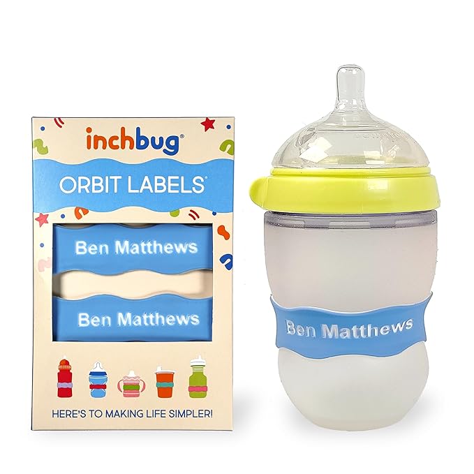 InchBug Orbit Labels Baby Bottle and Water Bottle Silicone Name Bands – Personalized Reusable Label Set for Daycare, Sippy Cups, Preschool, Elementary School, Dishwasher Safe, 4-Pack (Lullaby Blue)