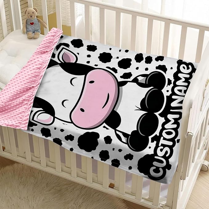 Personalized Baby Blankets for Girls, Custom Name White Cow Pattern Baby Blanket, Soft Minky Dot Blanket for Newborns and Toddlers, Ideal for Baby Showers Christmas Brithday Gifts