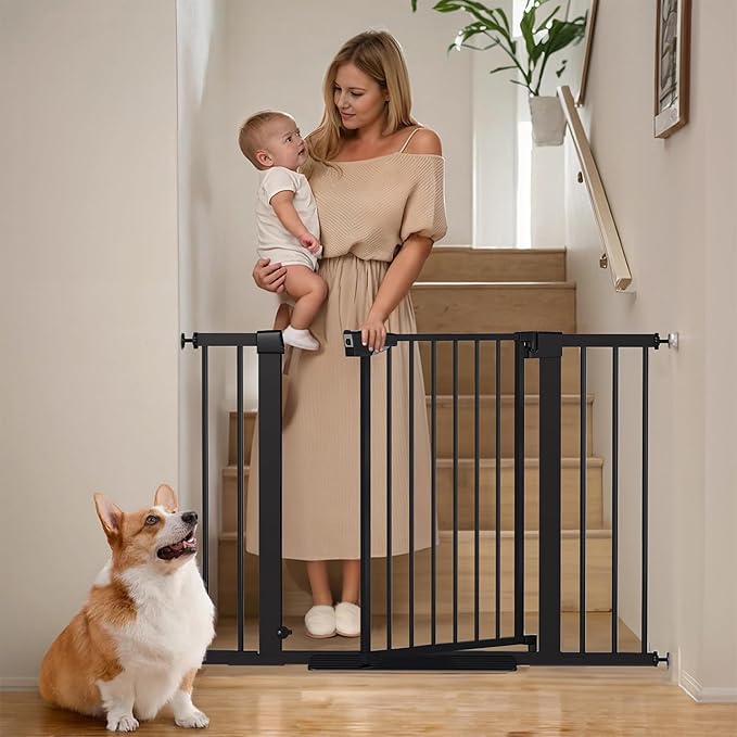 Mumeasy Baby Gate for Stairs - 29.6-46" Auto Close Dog Gate for Doorways, Extra Wide Child Gate Indoor, Walking Through Safety Gate for Kid, Pet Gates No Drilling White, Mom's Choice Awards Winner