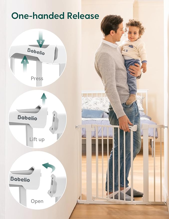 BABELIO 36" Extra Tall Dog Gate, 26-40" Wide Auto Close Baby Gate, Pressure Mounted Metal Pet, Easy Install No Drilling, No Tools Required, With Wall Protectors and Extension Kits, White