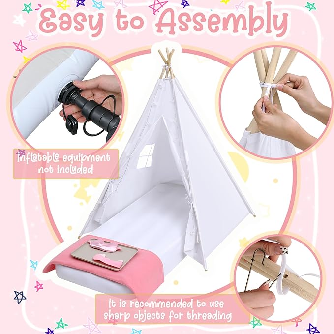 Windyun 8 Pack Kids Teepee Tent for Slumber Party with Mattress,Light String,Airbed Fitted Sheet,Sleepover Tent for Girls Boys Party,Kids Play Playhouse Indoor Outdoor(White)