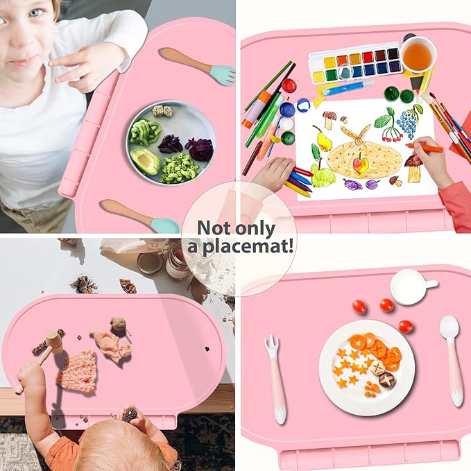 Silicone Placemat for Baby, Silicone Baby Toddlers Non-Slip Tablemats Stain Resistant Anti-Skid Reusable Dishwasher Safe Table Mats, Portable Food Mat Travel (2Pack, Pink)