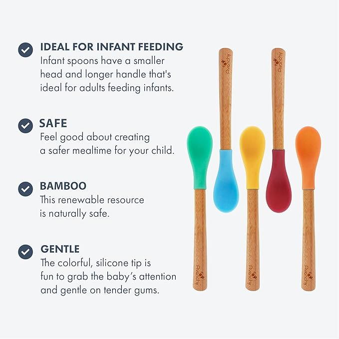 Avanchy Bamboo & Silicone Infant Training Spoons, BPA Free - Soft Tip, Easy on Gums, First Stage Feeding Utensils for Baby-Led Weaning, Self-Feeding, Magenta
