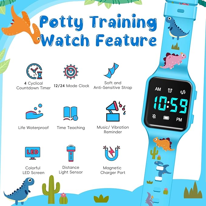 Potty Training Watch for Toddlers & Kids with Countdown, Flashing Lights, Fun Music or Vibration Alerts - Waterproof Interactive Toilet Training Reminder for Boys & Girls Ages 2-9