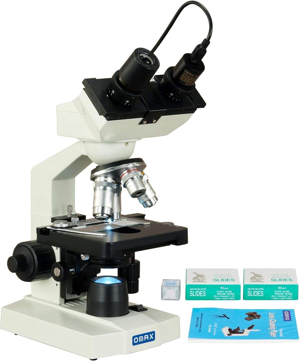 OMAX 40-2500X LED Digital Binocular Compound Microscope 1.3MP Camera + Blank Slides + Covers + Lens Paper